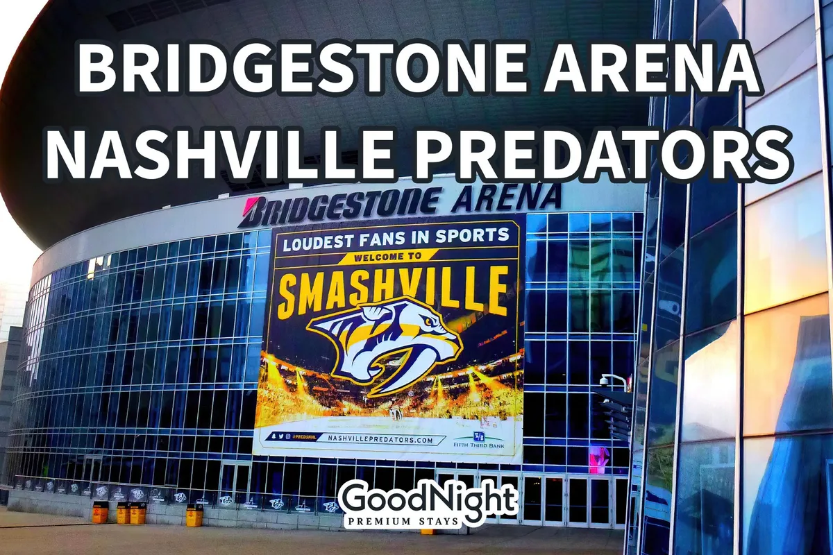 A dynamic view of Bridgestone Arena with crowds, bold signage, and banners showcasing Nashville’s entertainment scene. The image conveys excitement and highlights the arena as a hub for live music, sporting events, and nightlife on Broadway.
