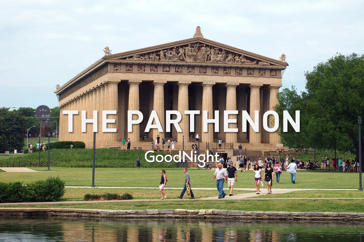 A wide shot captures the iconic Parthenon structure in Centennial Park, surrounded by a green park area with people strolling and enjoying the outdoors. The scene feels communal, cultural, and lively, reflecting the park's role as a romantic and scenic urban destination.